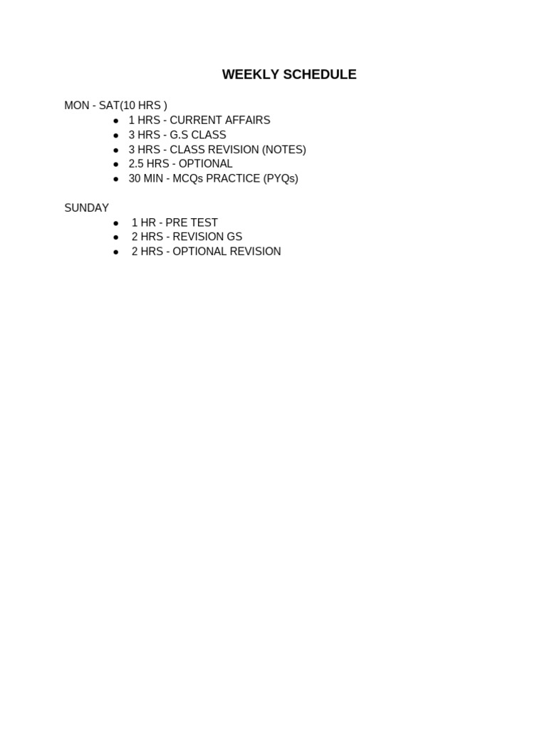 Weekly Study Schedule for GS Preparation | PDF