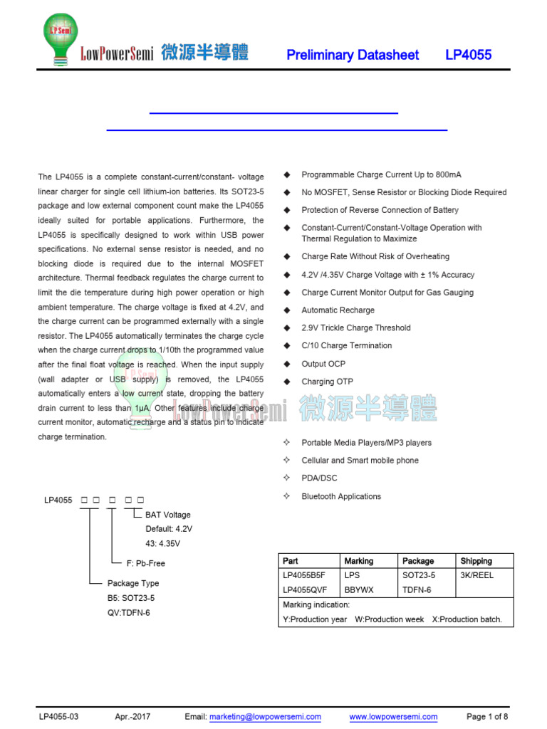 LP4055: 800mA Li-Ion Charger Datasheet | PDF | Battery Charger ...