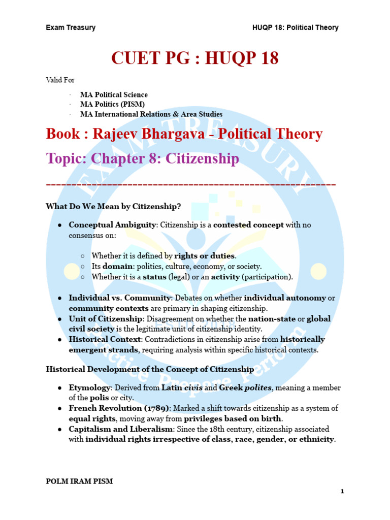 Chapter 8 Citizenship (Rajeev Bhargava Political Theory) PDF
