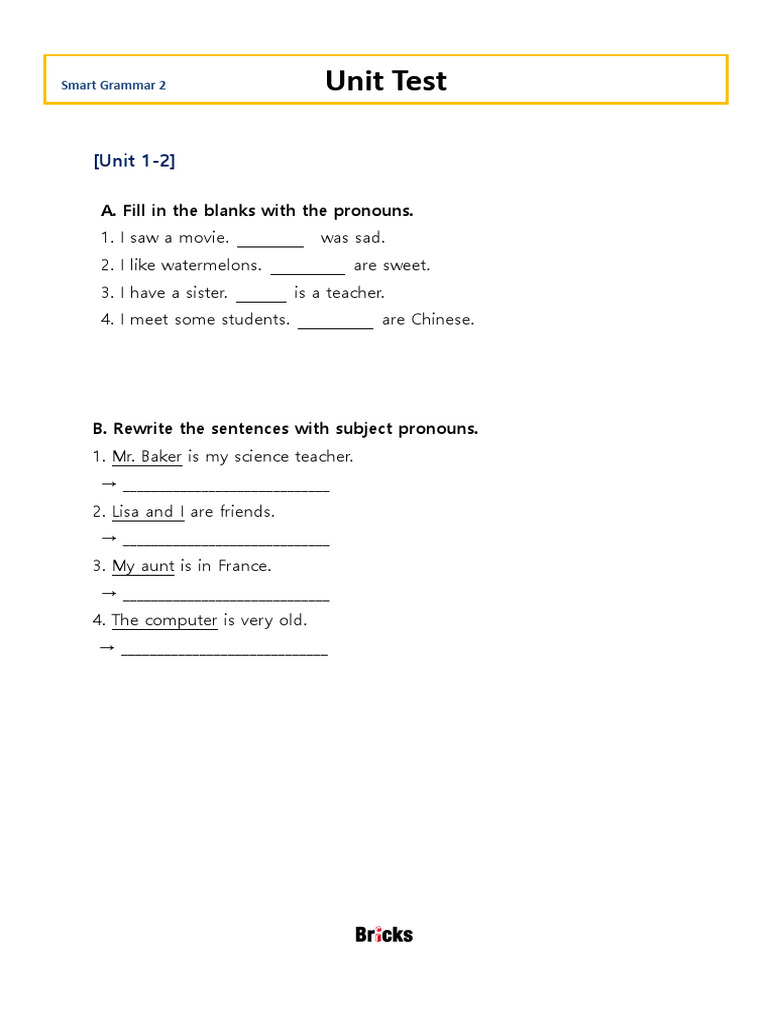 Bricks Smart Grammar - L2 - Unit Test | PDF | Lunch | Cuisine