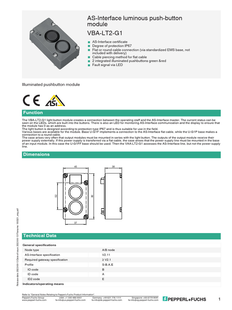 AS-Interface Luminous Push-Button VBA-LT2-G1: Function | PDF