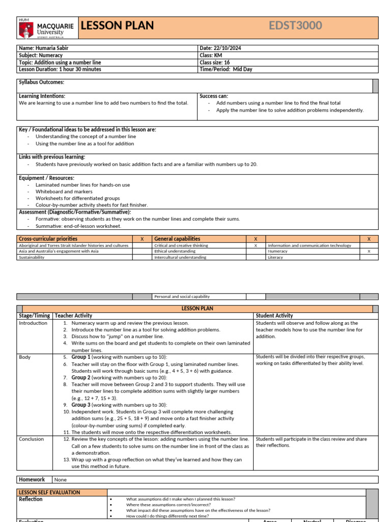 Addition with Number Lines Lesson Plan | PDF | Learning | Cognition