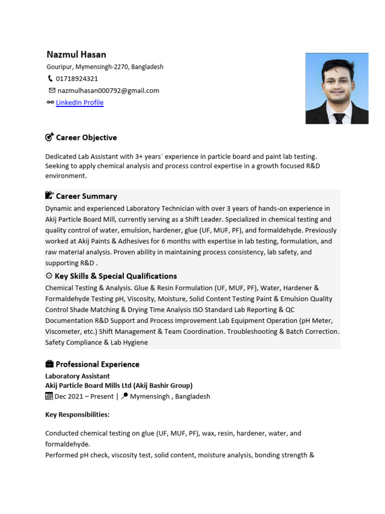 CV - Nazmul Hasan | PDF | Adhesive | Laboratories