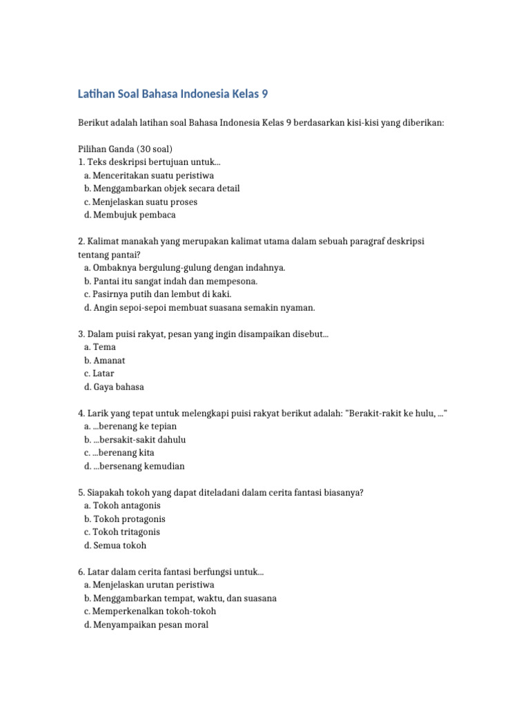 Latihan Soal Bahasa Indonesia Kelas 9 | PDF
