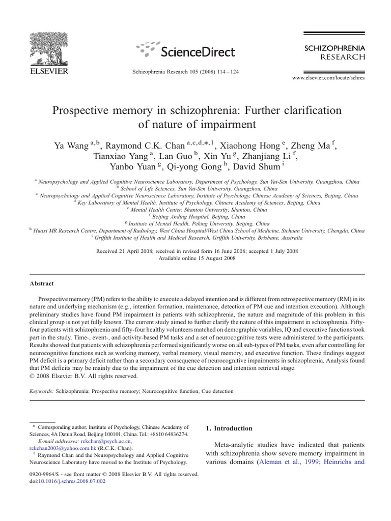 Prospective Memory Deficits in Schizophrenia | PDF | Recall (Memory ...
