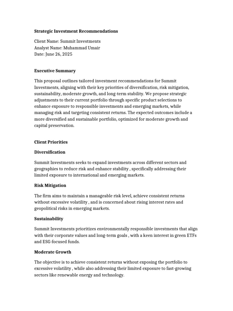 Summit Investment Strategy Report | PDF | Asset Allocation | Exchange ...