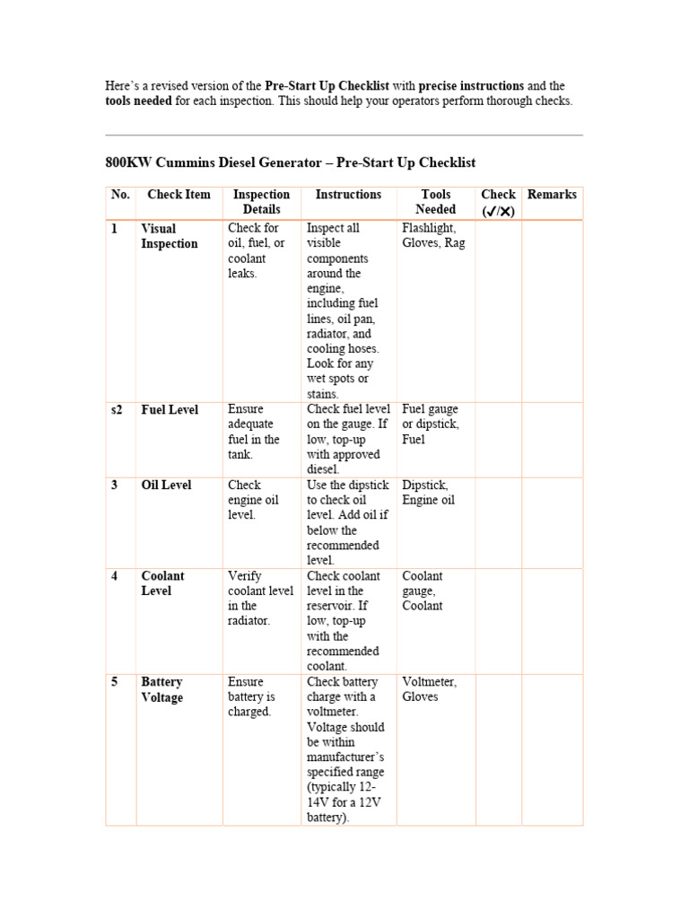 800KW Diesel Generator Pre-Start Checklist | PDF | Voltage | Flashlight