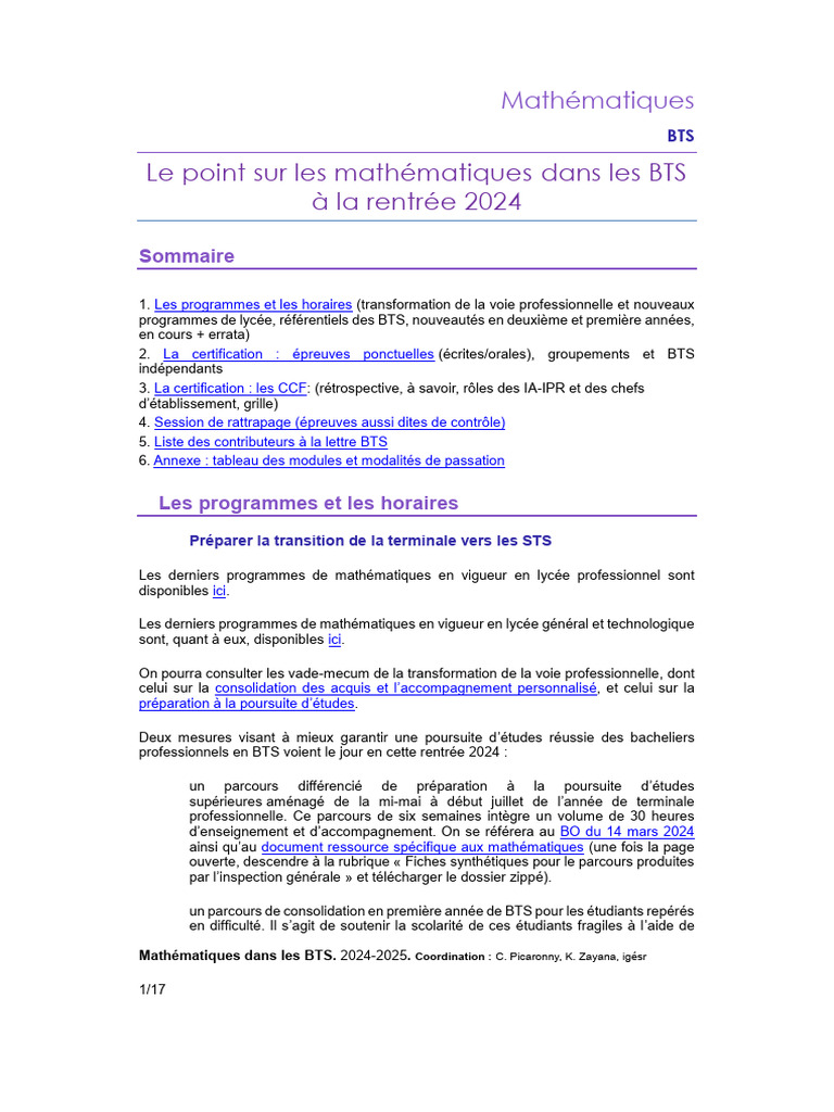 Mathématiques BTS 2024-2025 : Programmes et Évaluations | PDF ...