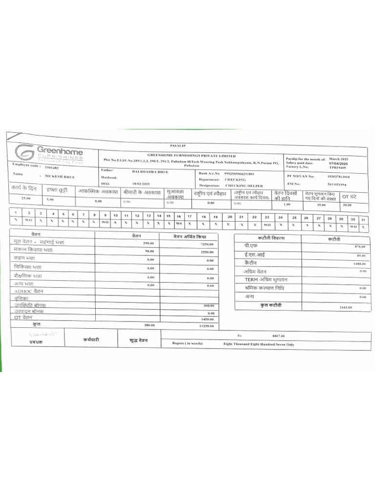 March 2025 - Time Card, Wages, Payslip and PF ESI-3 | PDF