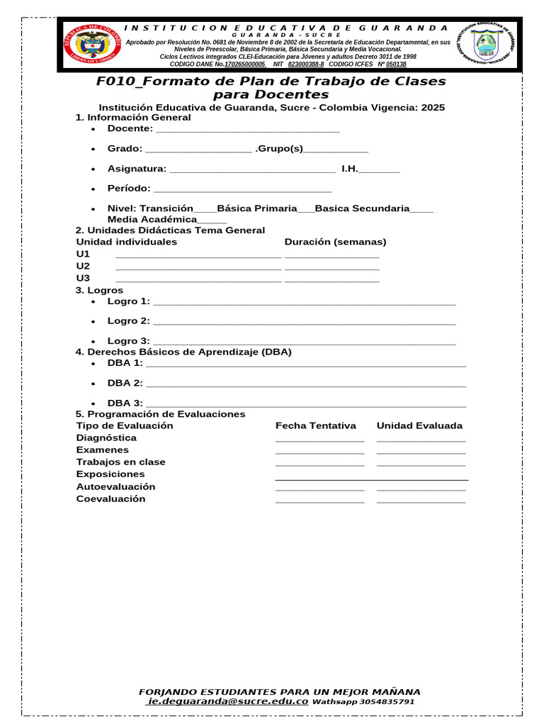 Plan de Trabajo Docente 2025 Sucre | PDF | Educación primaria | Aprendizaje