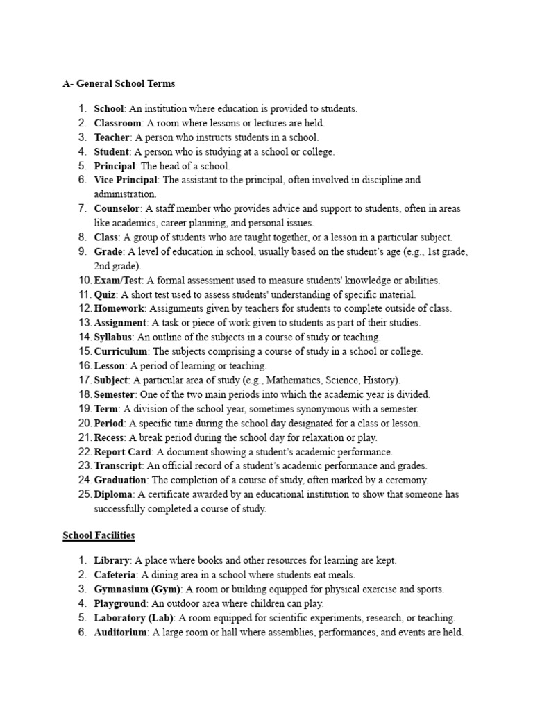Essential School Vocabulary Guide | PDF | Human Body | Stepfamily
