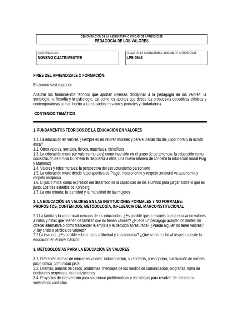 Pedagogía de los Valores en Educación | PDF | Pedagogía | Moralidad