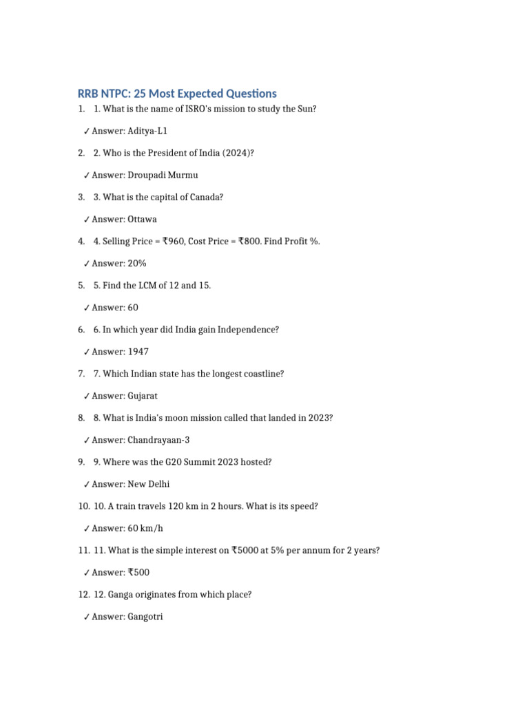 RRB NTPC: 25 Key Questions for 2025 | PDF