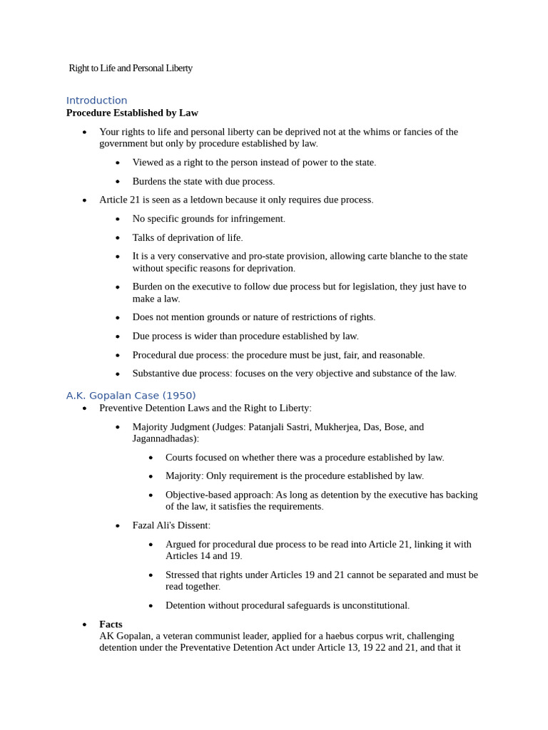 Right to Life and Personal Liberty Explained | PDF | Arrest | Bail