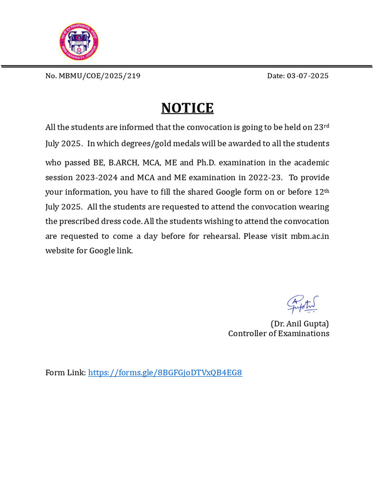 Convocation Notice for MBM University 2025 | PDF