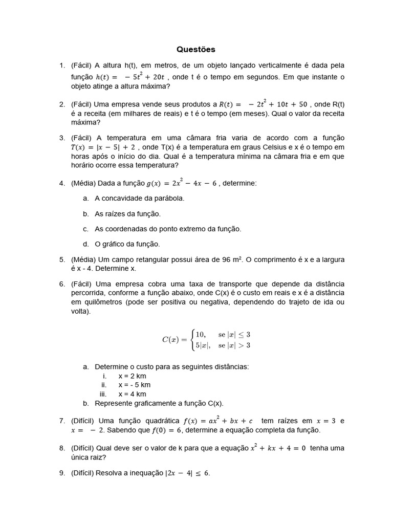 Questões de Matemática: Funções e Gráficos | PDF