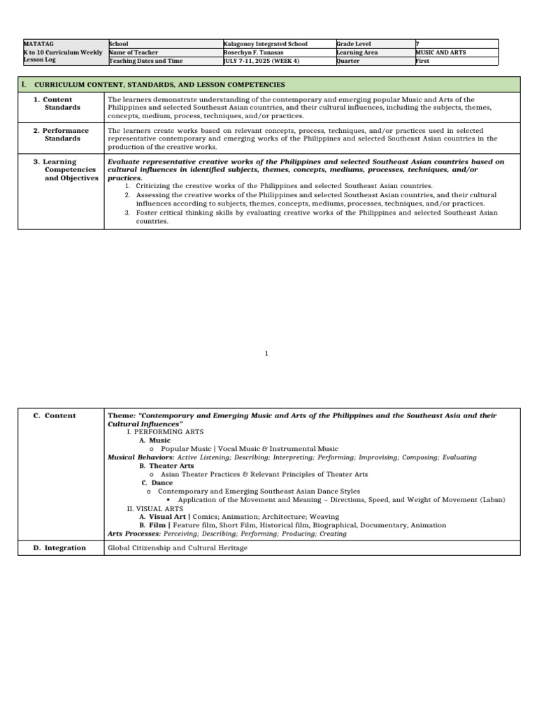 Grade 7 Music and Arts Lesson Plan | PDF | Learning | Curriculum
