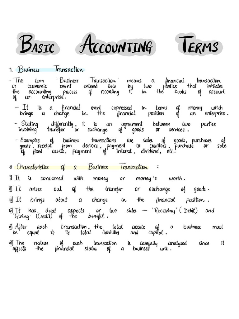 11th - Basic Accounting Terms Notes | PDF