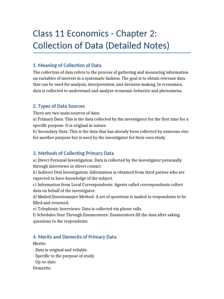 Class 11 Economics Chapter 2 Detailed Notes | PDF | Data | Questionnaire