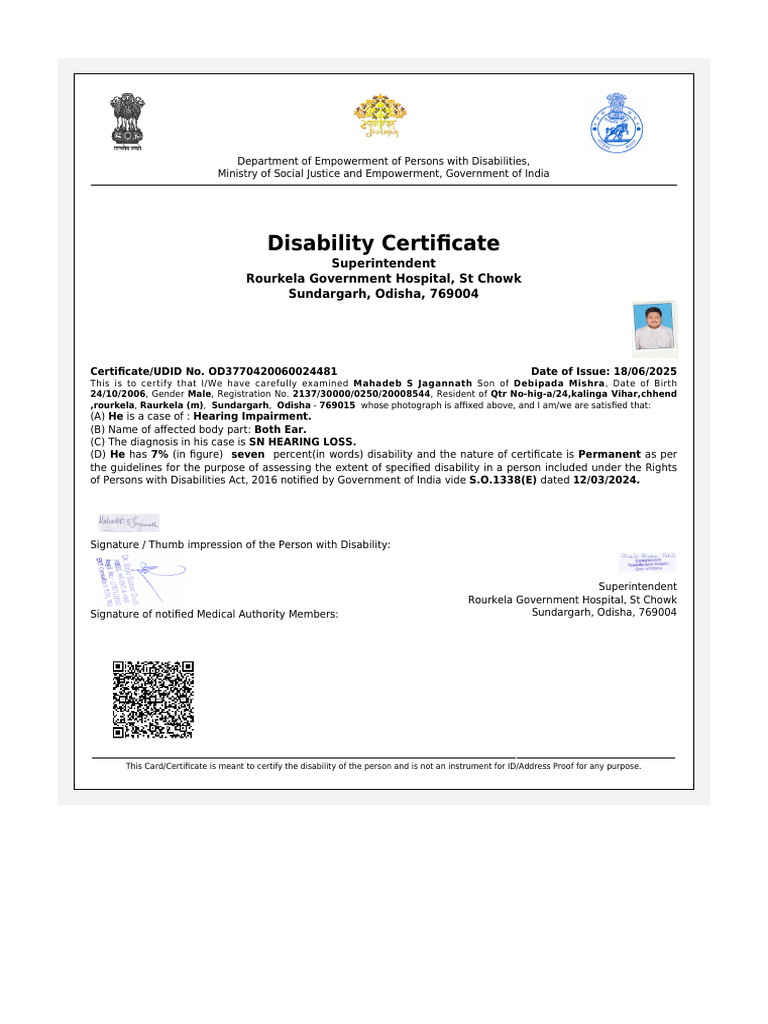 Disability Certificate for Hearing Impairment | PDF