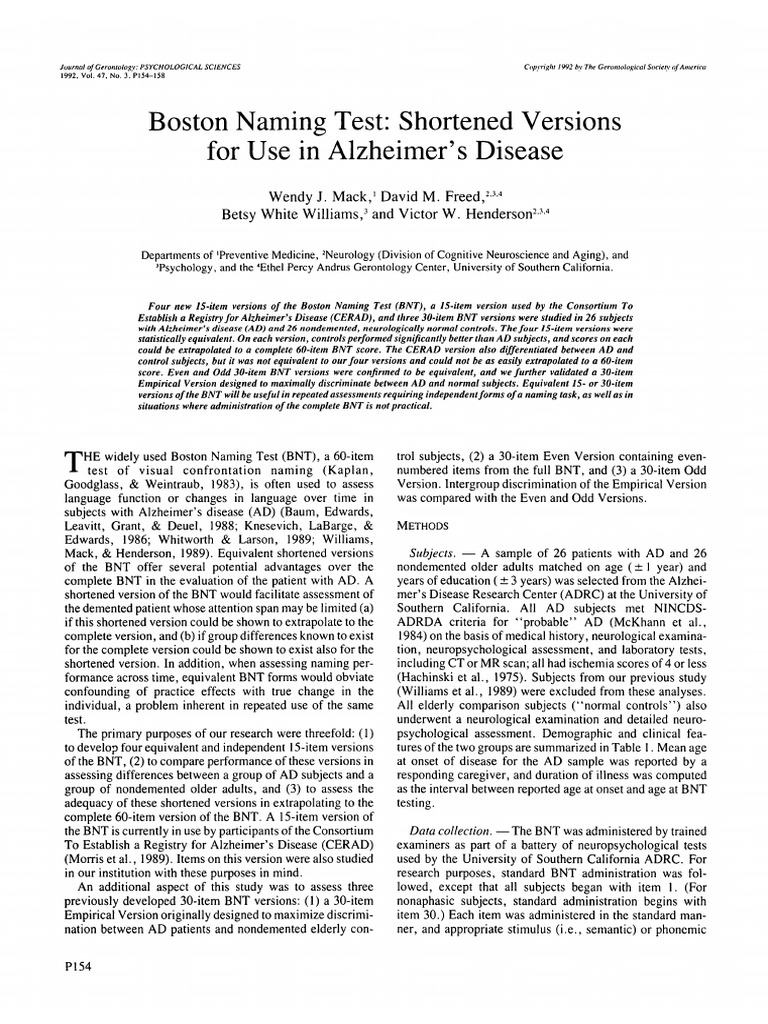Shortened Boston Naming Test for AD | PDF | Neurology | Behavioural ...