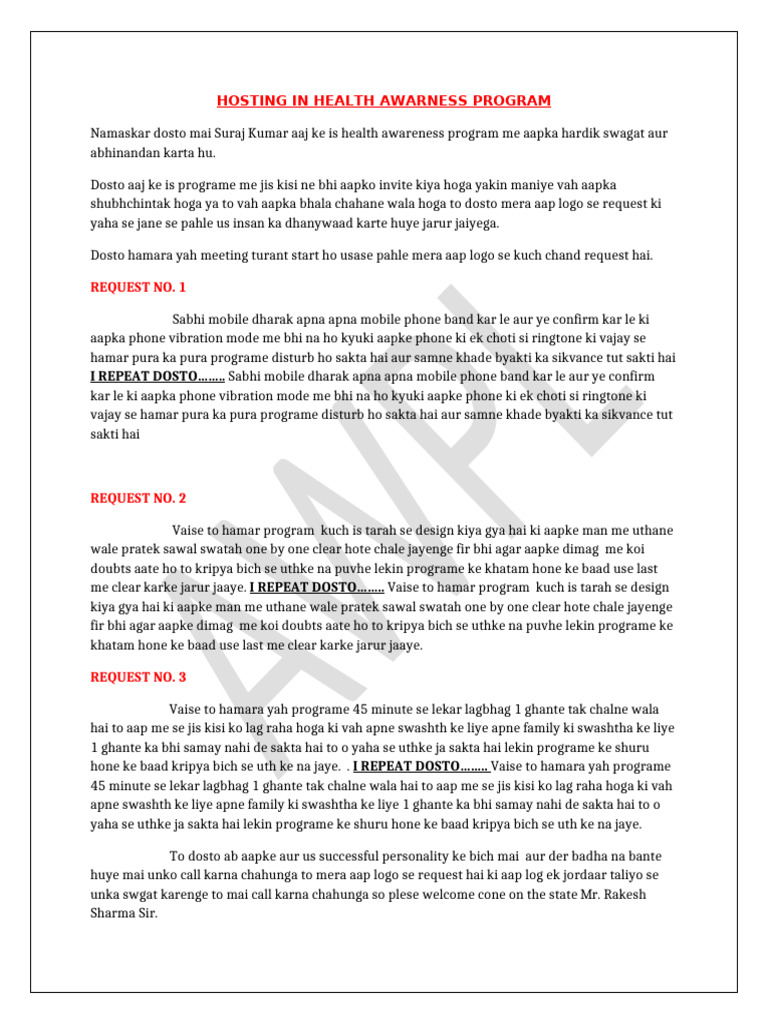 Hosting in Health Awarness Program | PDF
