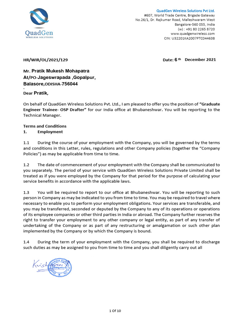 Offer Letter for Graduate Engineer Trainee | PDF | Breach Of Contract ...