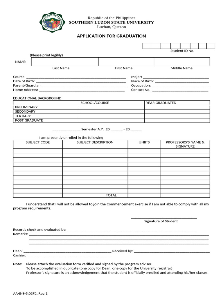 Southern Luzon State University Graduation Application | PDF
