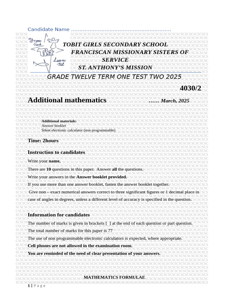 Grade 12 Additional Mathematics Test | PDF | Equations | Mathematical ...