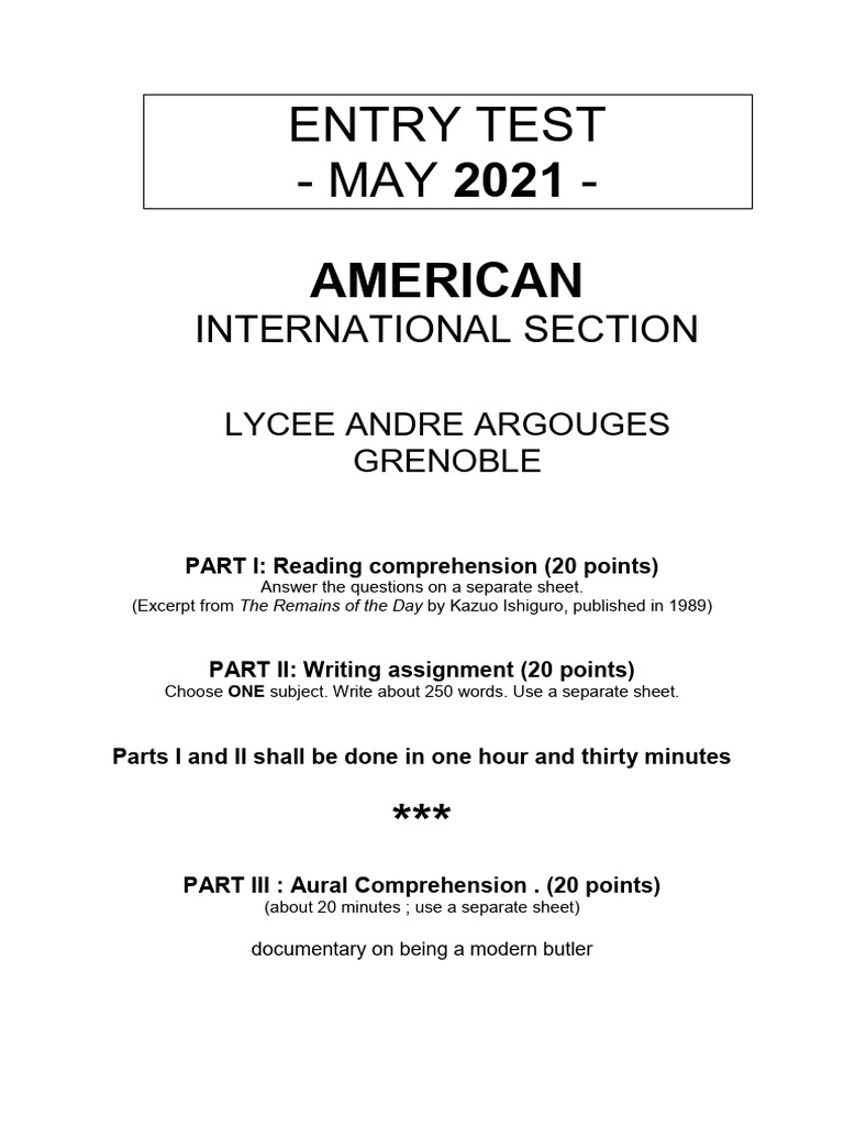 May 2021 Entry Test: Reading & Writing | PDF