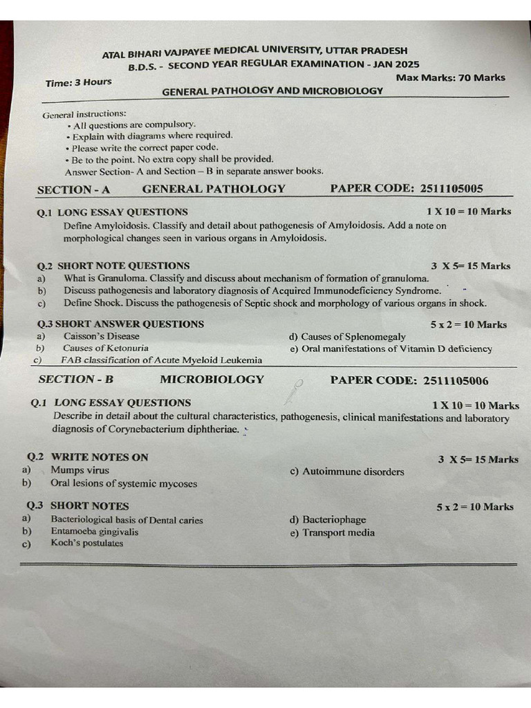 2nd Year BDS Professional University Examination Paper | PDF ...