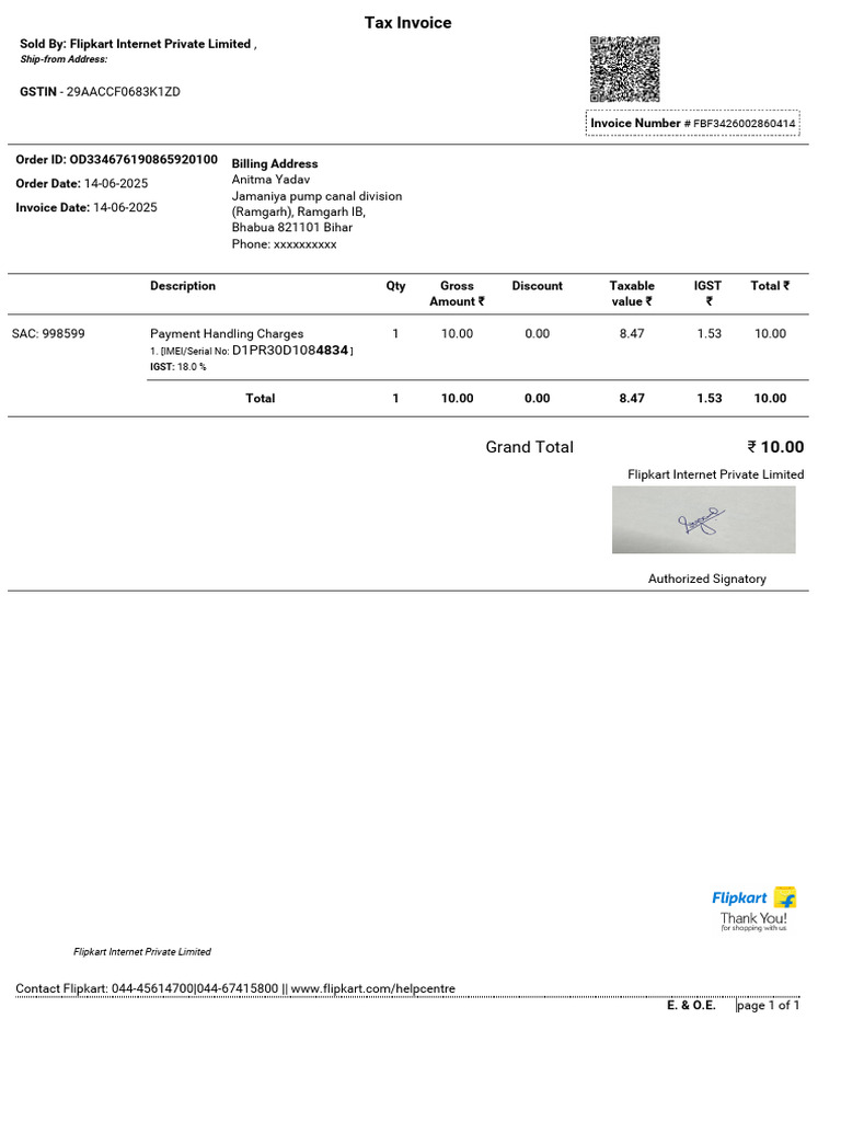 Flipkart Tax Invoice for Water Purifier | PDF | Payments | Taxes