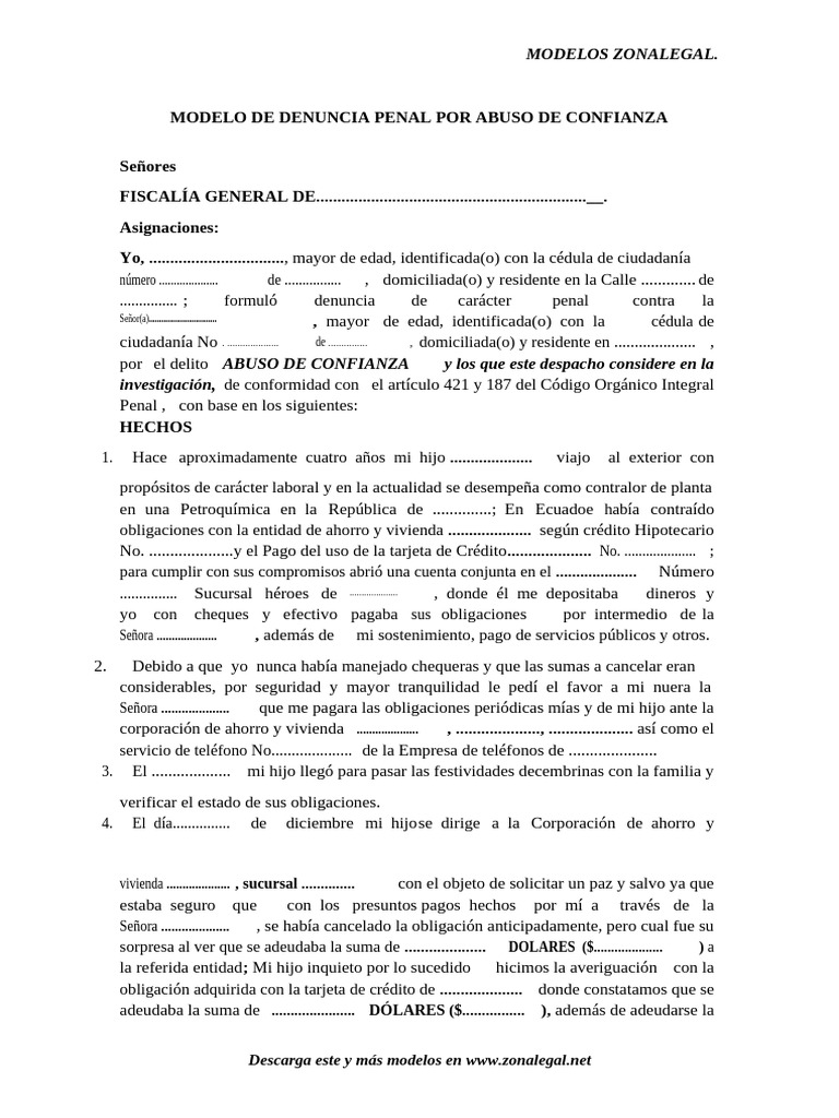 Modelo de Denuncia Penal Por Abuso de Confianza | PDF | Cheque