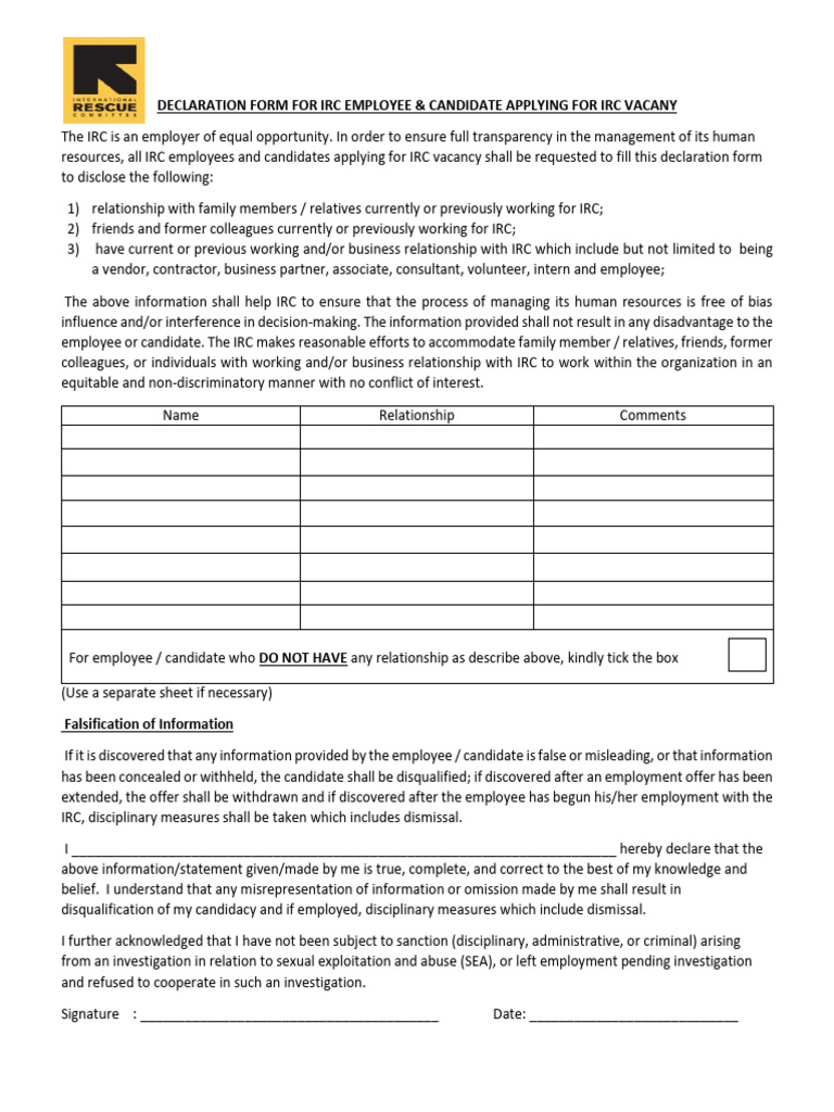 IRC Employee Declaration Form | PDF | Employment | Justice