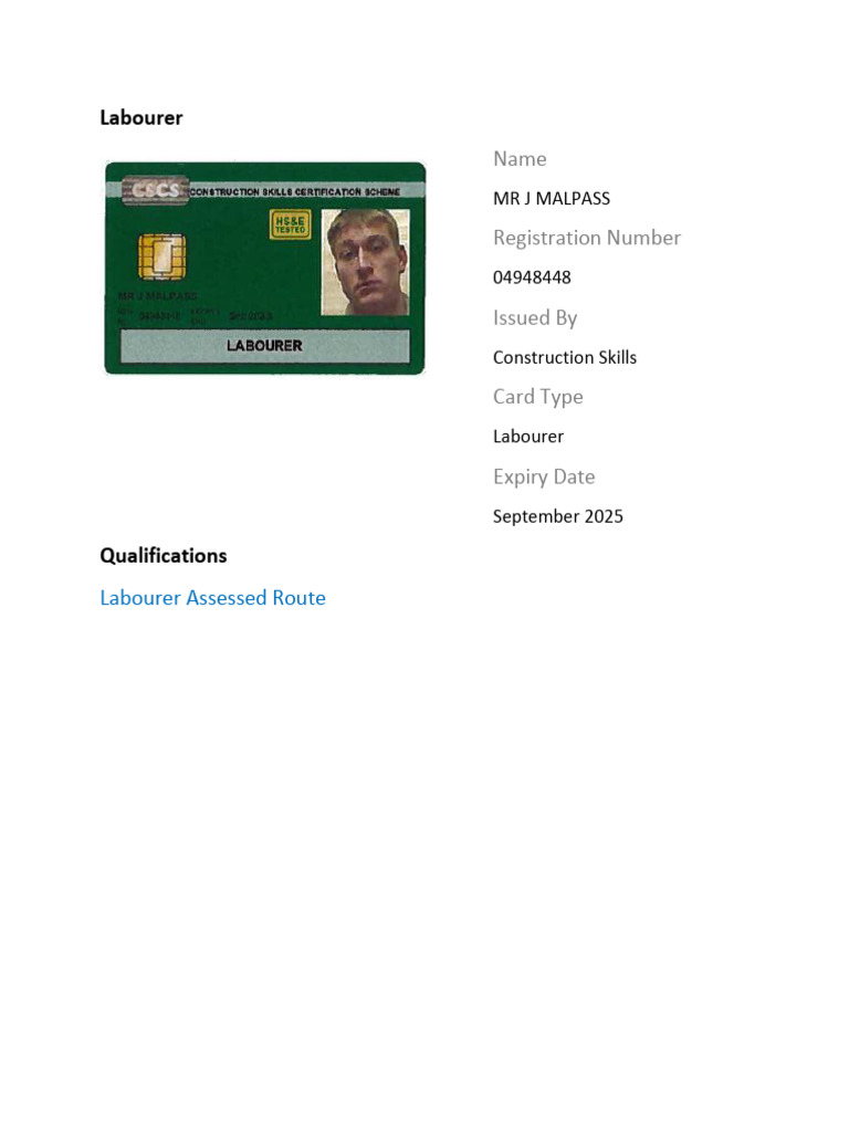 Labourer Card Details for J Malpass | PDF