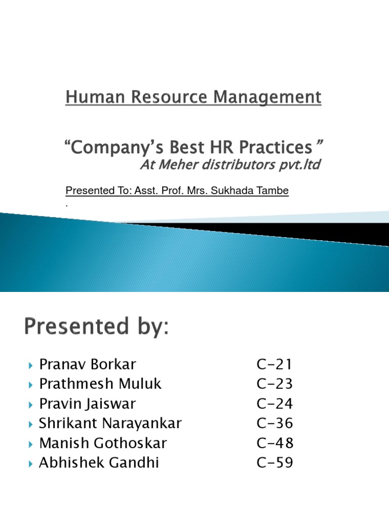 Best Practices in Human Resource Management Meher Distributors Pvt