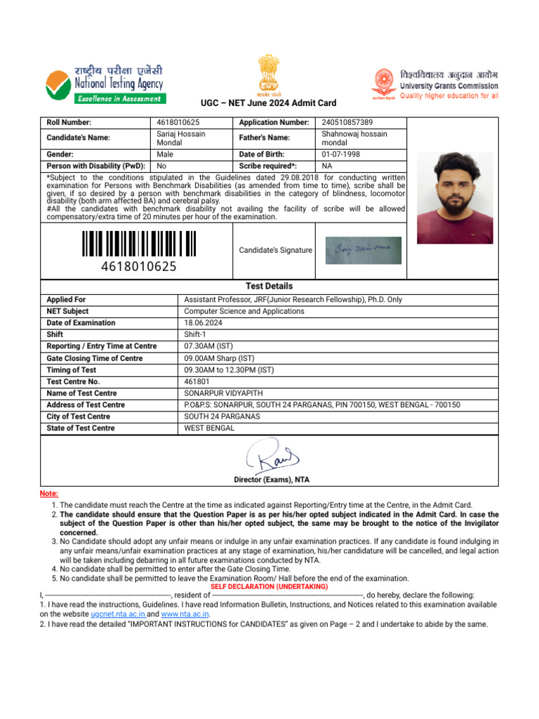 UGC NET June 2024 Admit Card Details | PDF | Identity Document