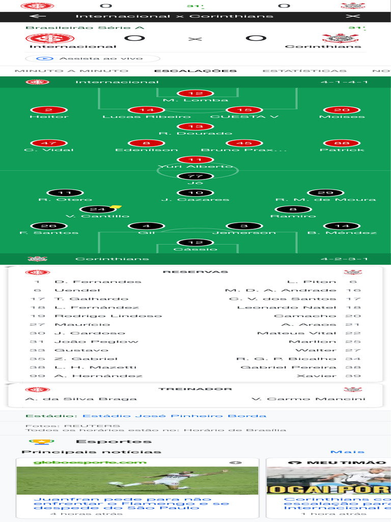 Internacional x Corinthians: Escalações e Estatísticas | PDF | Clubes ...