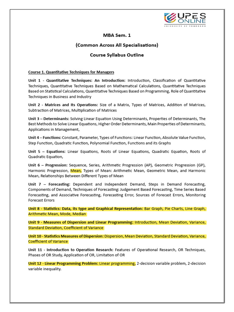 Course Outline - MBA Sem. I | PDF | Matrix (Mathematics) | Marketing