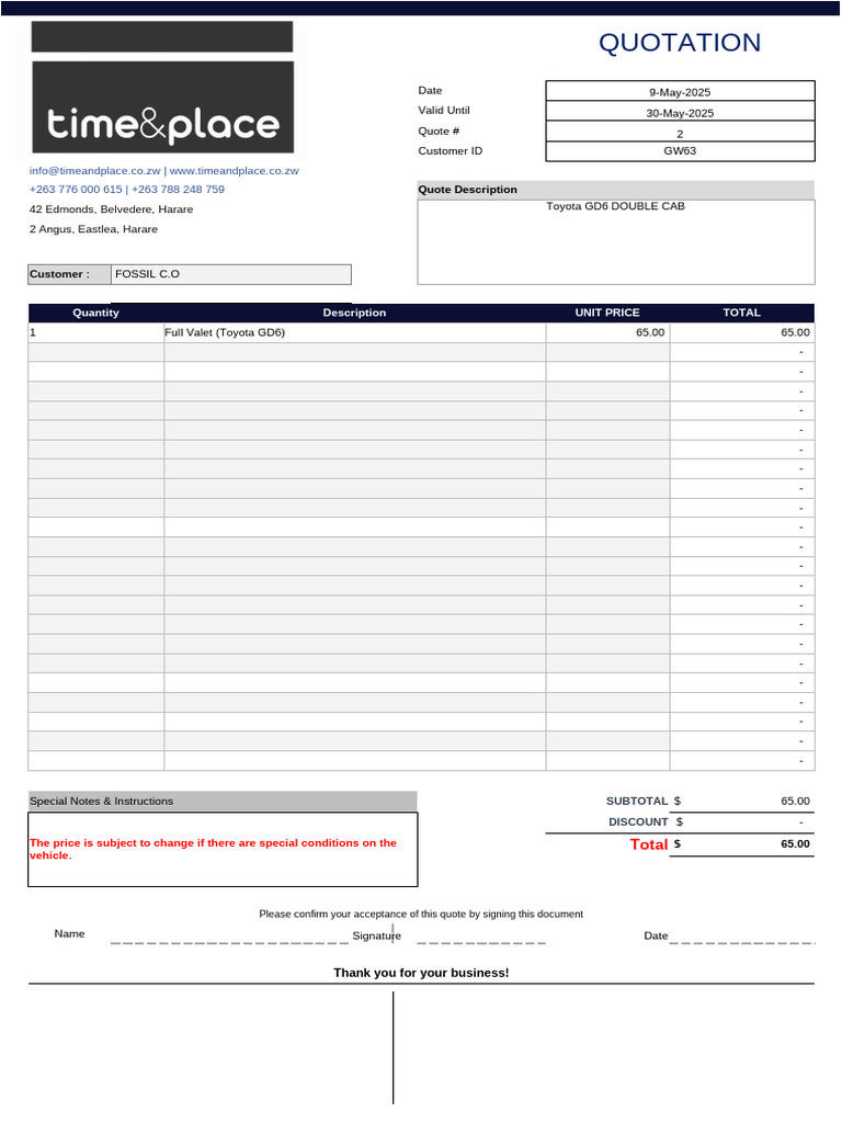Toyota GD6 Valet Quote for Fossil C.O | PDF