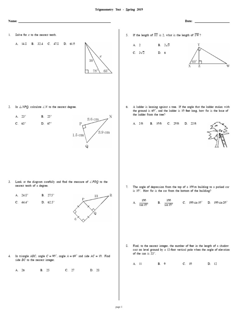 Spring 2019 Trigonometry Test | PDF | Triangle | Triangle Geometry
