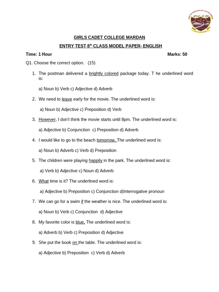 English Model Paper for Cadet Entry Test | PDF | Adverb | Adjective