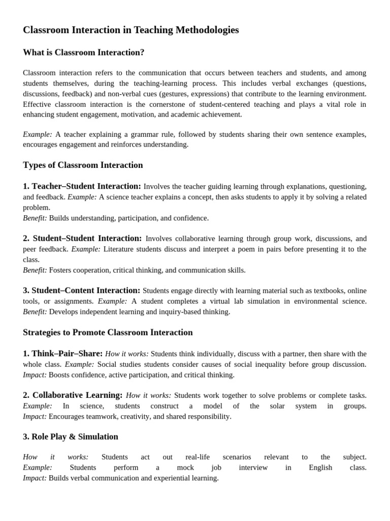 Enhancing Classroom Interaction Strategies | PDF | Teachers | Methodology