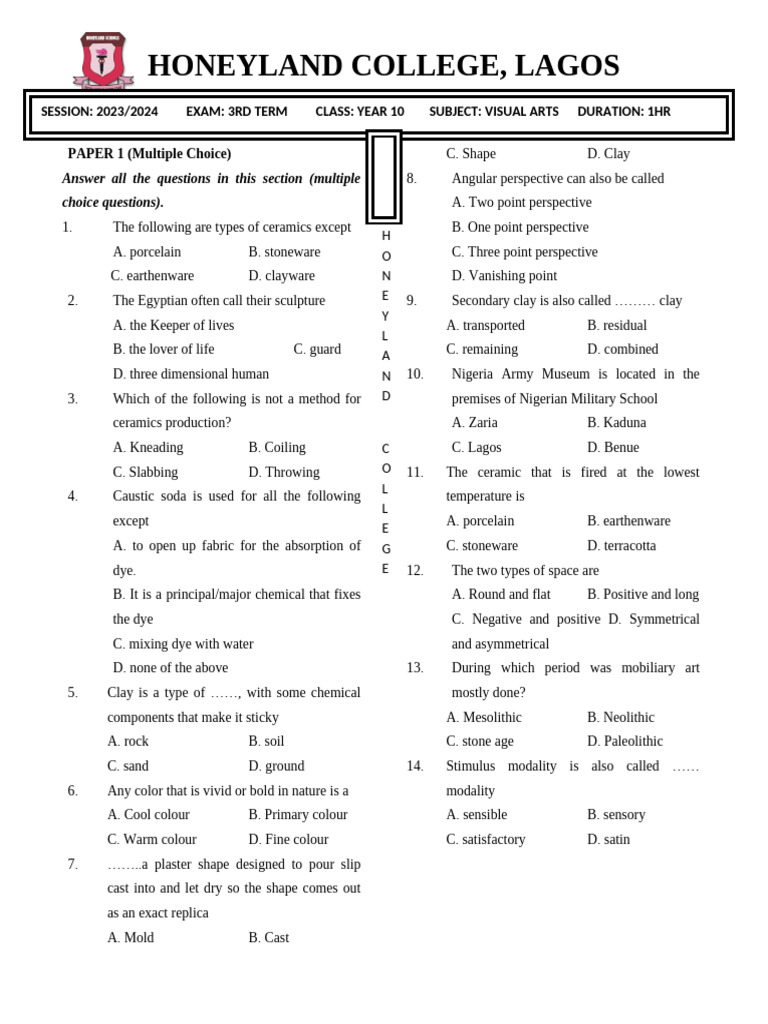 Year 10 Visual Arts Exam Paper | PDF | Pottery | Paperboard