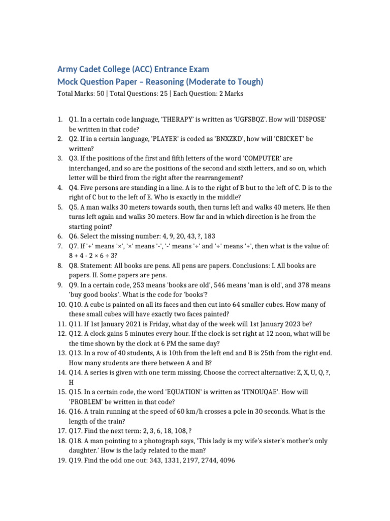 ACC Exam Mock Paper: Reasoning Challenges | PDF