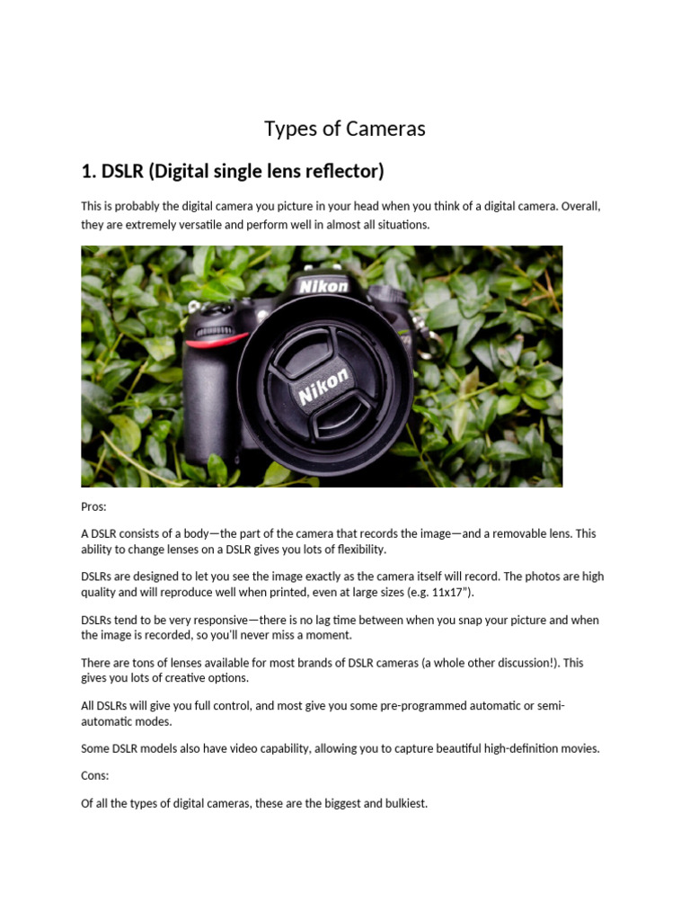 Camera Types: DSLR, Mirrorless, Compact | PDF | Digital Single Lens ...