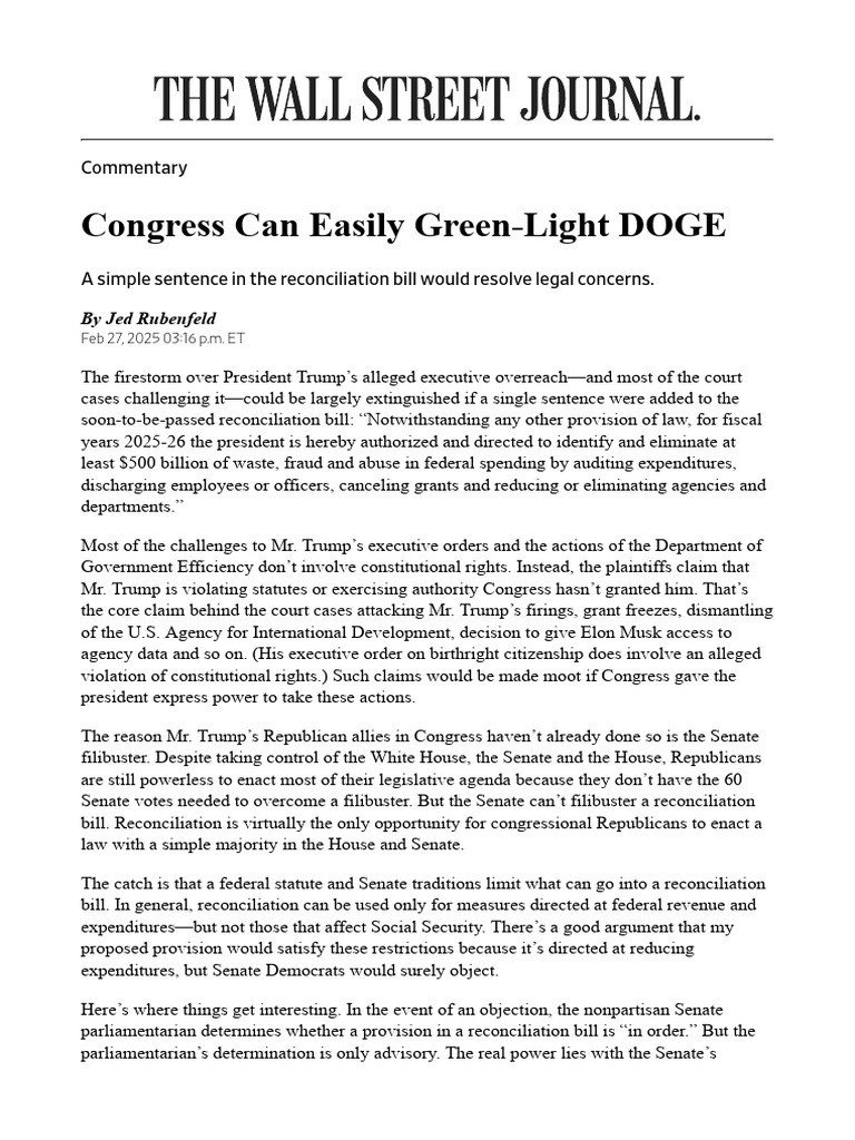 WSJ - Printing Congress Can Easily Green-Light DOGE | PDF ...