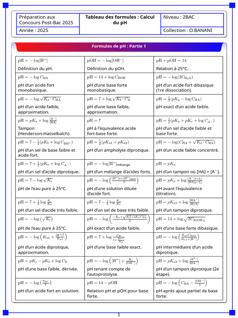 Formules de pH pour 2BAC 2025 | PDF | Ph | Solution tampon