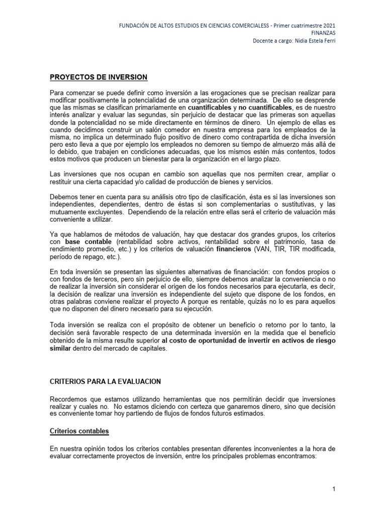 Proyectos de Inversión - Finanzas | PDF | Tasa interna de retorno ...