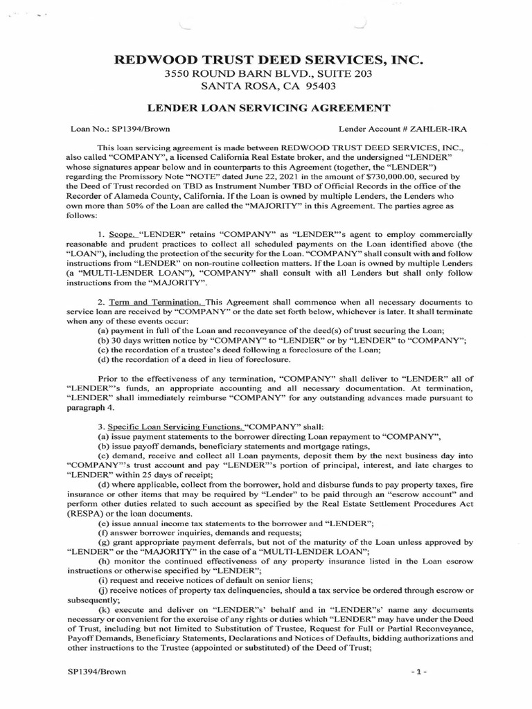 Photo inspiration: Loan Servicing Contracts For Residential Reference: Redwood Trust Deed Loan Servicing Agreement Pdf Foreclosure